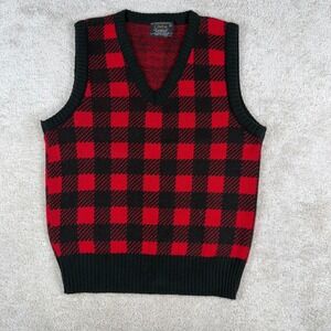 Vintage Campus Orlon Acrylic Sweater Vest Red Black Buffalo Plaid Mens Large USA